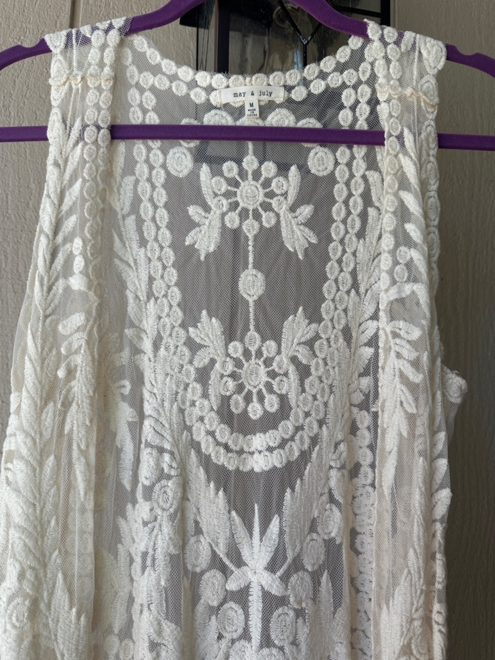 Lace Crochet Long Vest - Cream - Picture 2 of 5